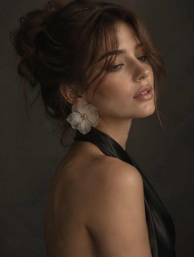A close-up, high-fashion portrait capturing the exact woman in a precise pose: her torso and shoulde