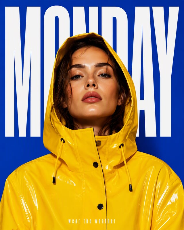 Editorial fashion poster. A young woman with glowing skin and a confident direct gaze wears a glossy