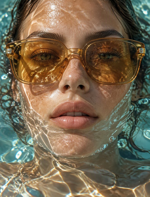 A hyper-realistic close-up portrait captures a woman partially submerged in clear water, her face ce