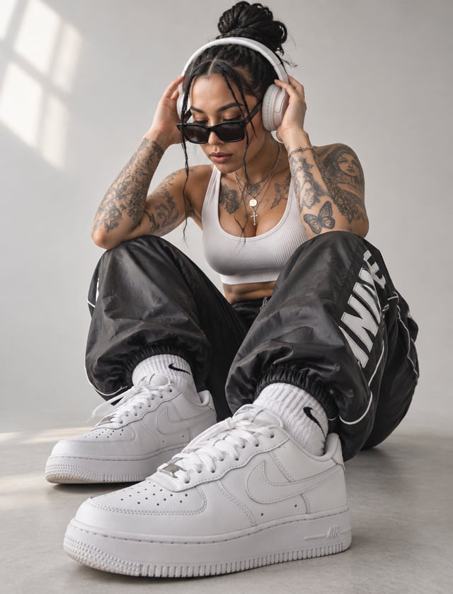 A tattooed young woman sits in a compact crouch, adjusting oversized white over-ear headphones while