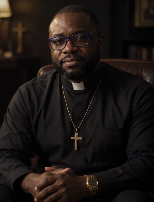 A Black male priest sits facing the camera in a composed formal portrait, wearing a matte black cler