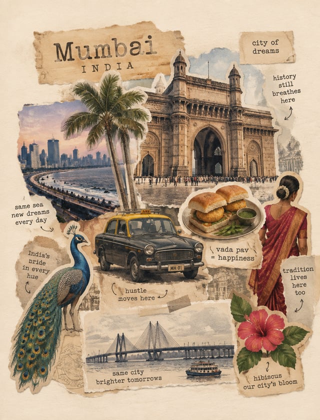 Create a charming handmade travel collage representing Mumbai.