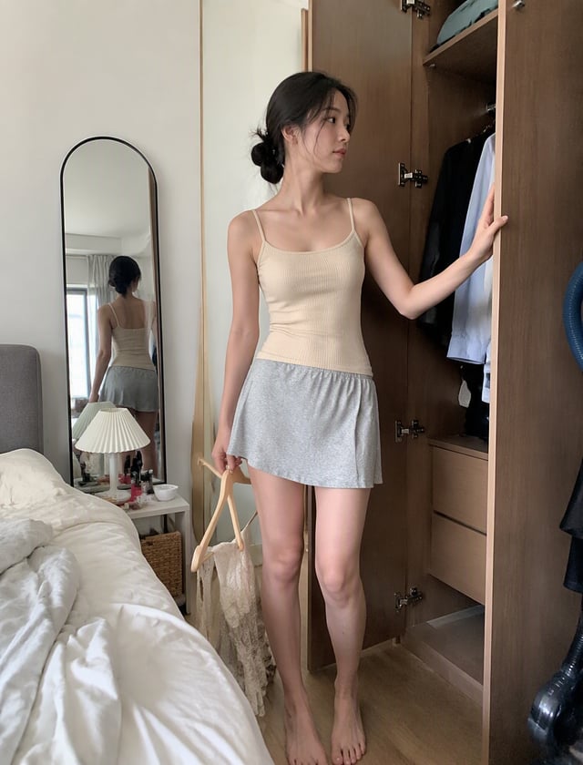 生活化抓拍，一位20至26岁左右的东亚年轻女性，面容清秀自然，五官柔和且具有真实生活质感，保留皮肤毛孔、细微肤色不均及天然面部纹理。发型为随意的低发髻，额前散落几缕晨起后的凌乱碎发。身着奶油杏色细肩带