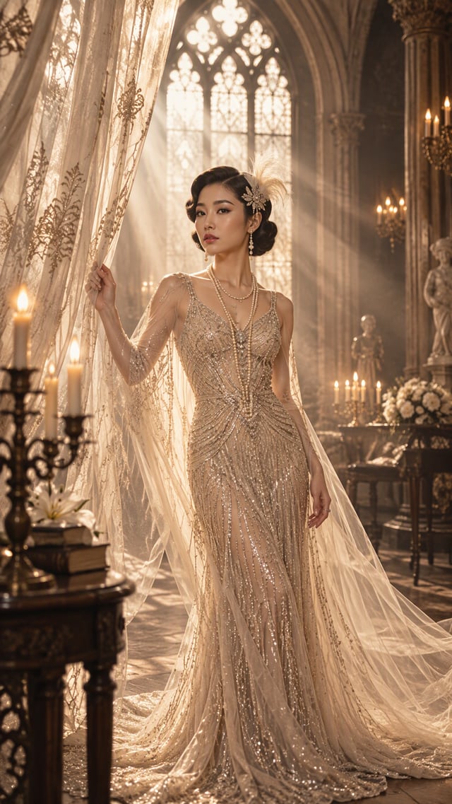 Please generate an ultra-high budget wedding photo in "Gatsby Style/1920s Art Deco Style" based on t