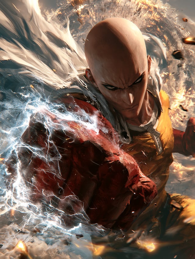 An epic, cinematic, high-quality anime poster of Saitama from One-Punch Man throwing a devastating, 