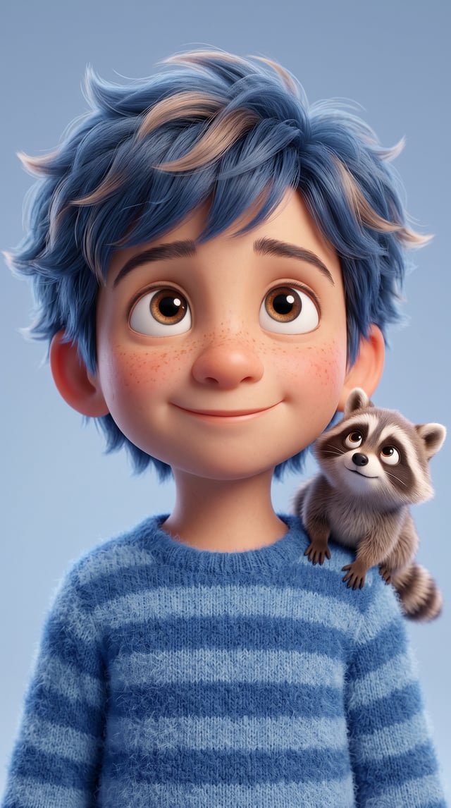 Cute stylized 3D animated boy with messy fluffy blue hair and big expressive eyes, soft freckles on 