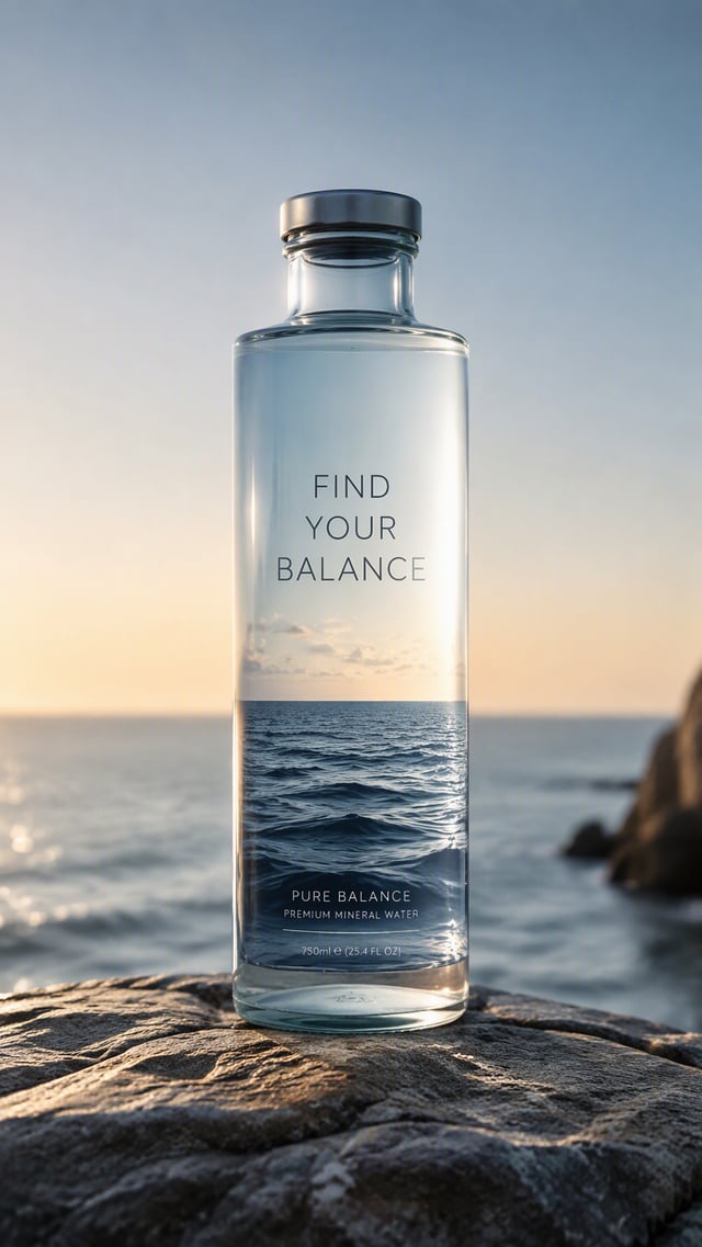 Premium 4:5 beverage advertising poster.A transparent premium bottle standing upright on a simple st