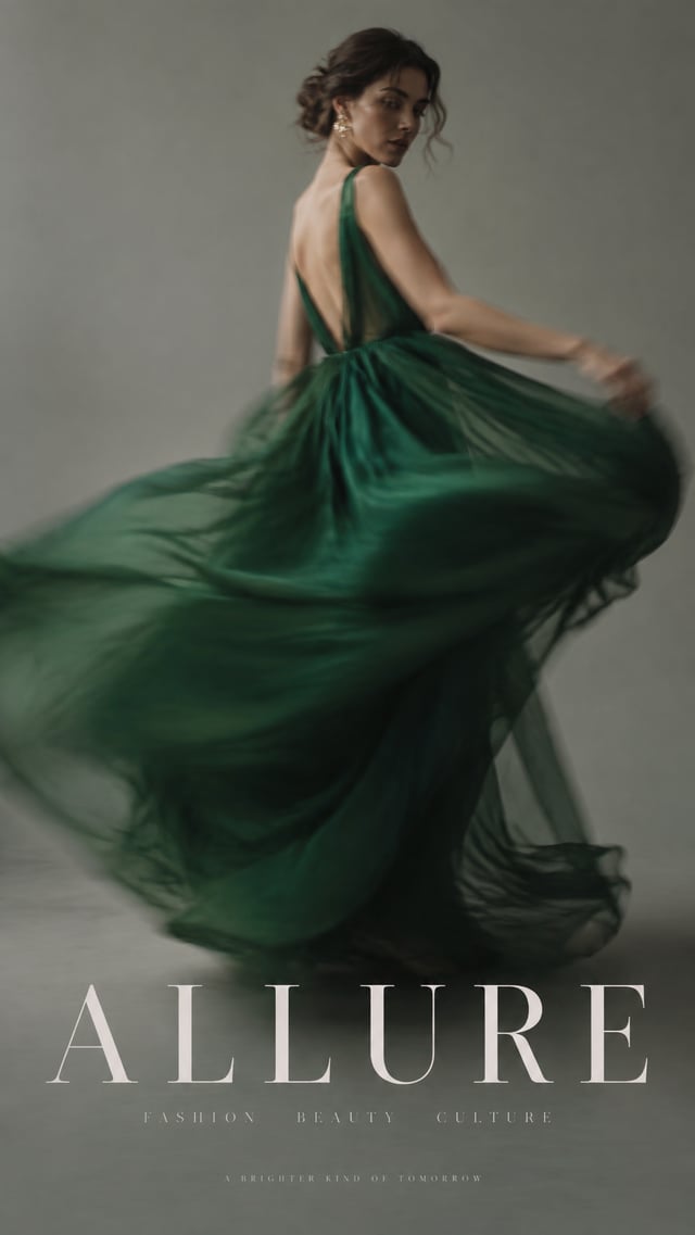 "Editorial fashion photography, long exposure motion blur of a woman spinning in a flowing emerald d