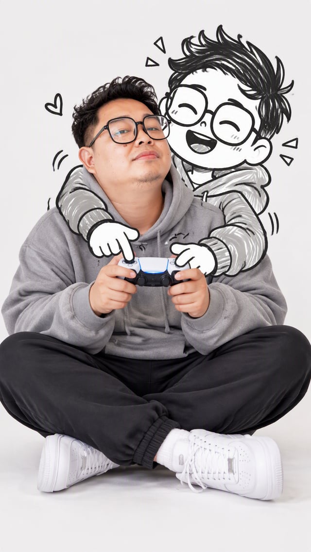 Ultra-realistic minimalist portrait of a young male gamer sitting on the floor with crossed legs, we