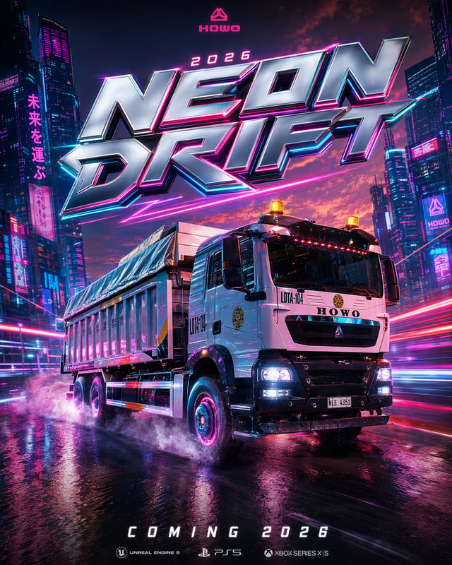 Create a stylized AAA video game key art poster. CONCEPT: "NEON DRIFT 2026" — a retro-futuristic rac