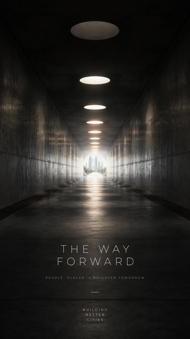 Premium 4:5 conceptual advertising poster for a modern urban development brand. A long underground p