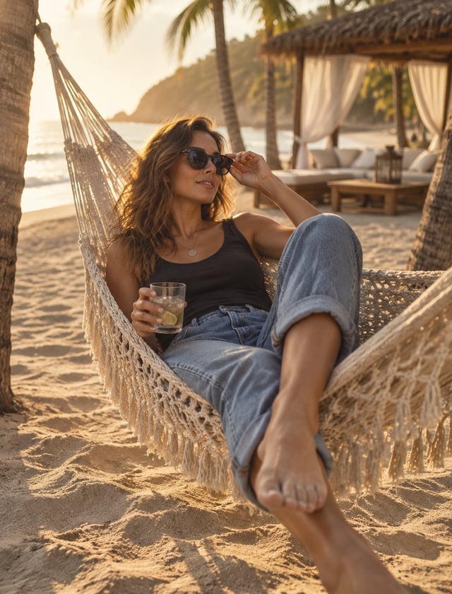 A relaxed woman reclines diagonally in a hand-knotted macramé hammock, one knee raised and bare foot