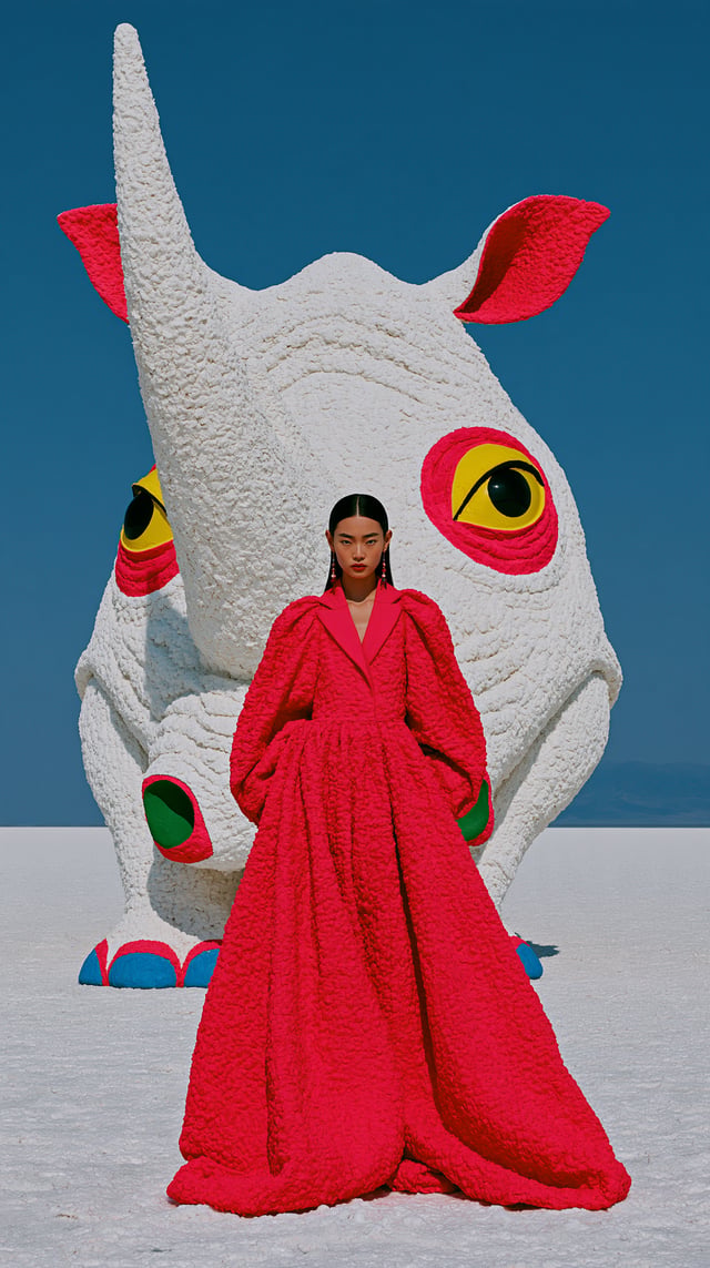 a surreal high-fashion editorial photograph, a colossal white rhinoceros walking directly behind an 