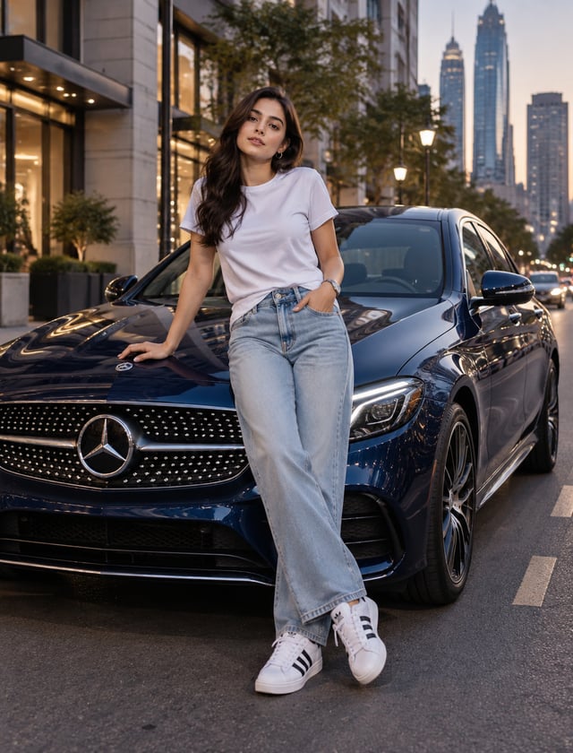 High-fashion editorial portrait of a young woman, Loose white T-shirtLight-blue relaxed-fit jeansWhi
