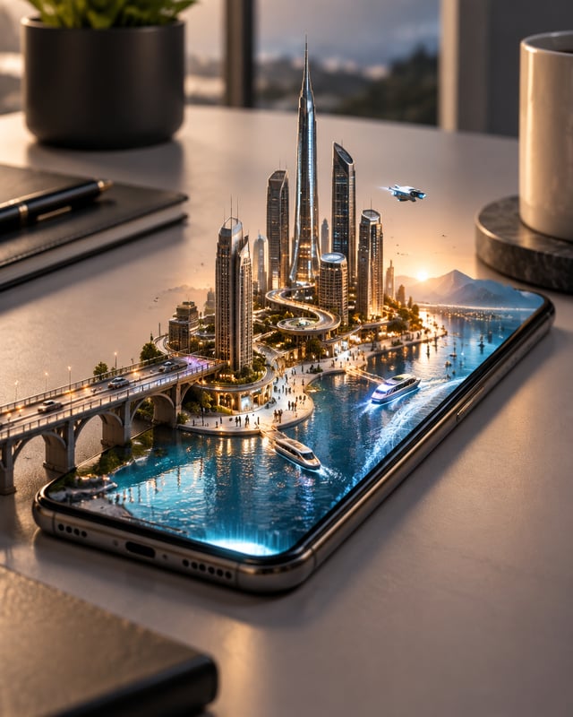 Create a premium technology advertising photograph of a modern smartphone lying on a minimalist desk