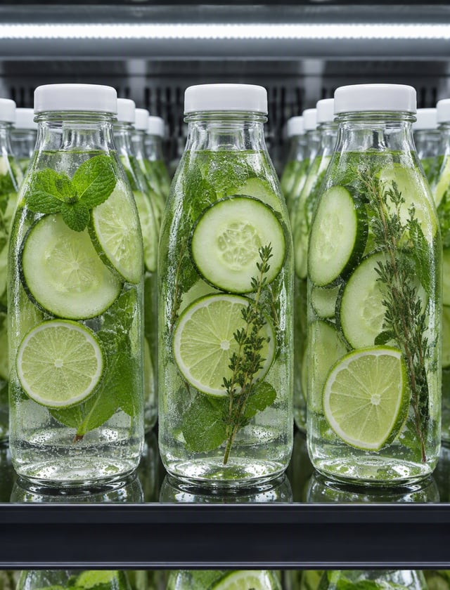 Rows of clear glass bottles filled with chilled water, cucumber slices, lime rounds, and delicate gr