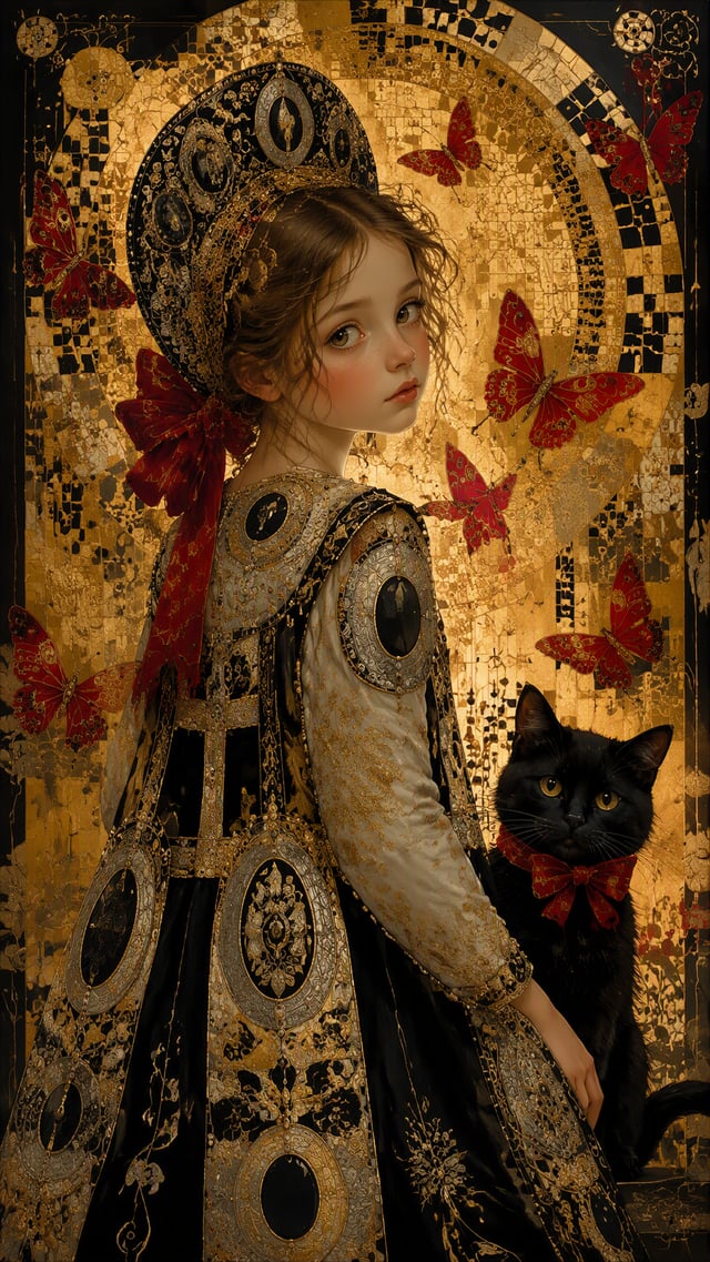 A captivating fairy tale illustration, inspired by the opulent and decorative style of Gustav Klimt 