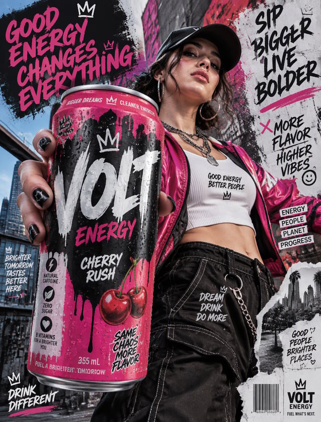 Ultra-realistic commercial beverage advertisement poster, low-angle wide lens perspective, confident