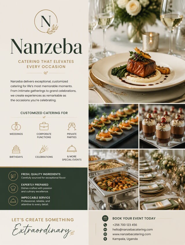 Create a polished, professional business flyer for Nanzeba, a catering company that provides customi