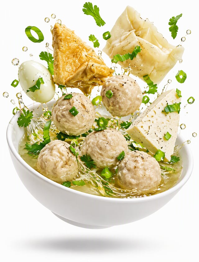 A [Subject] topped with [Garnish], suspended in midair against a clean white isolated background, pr