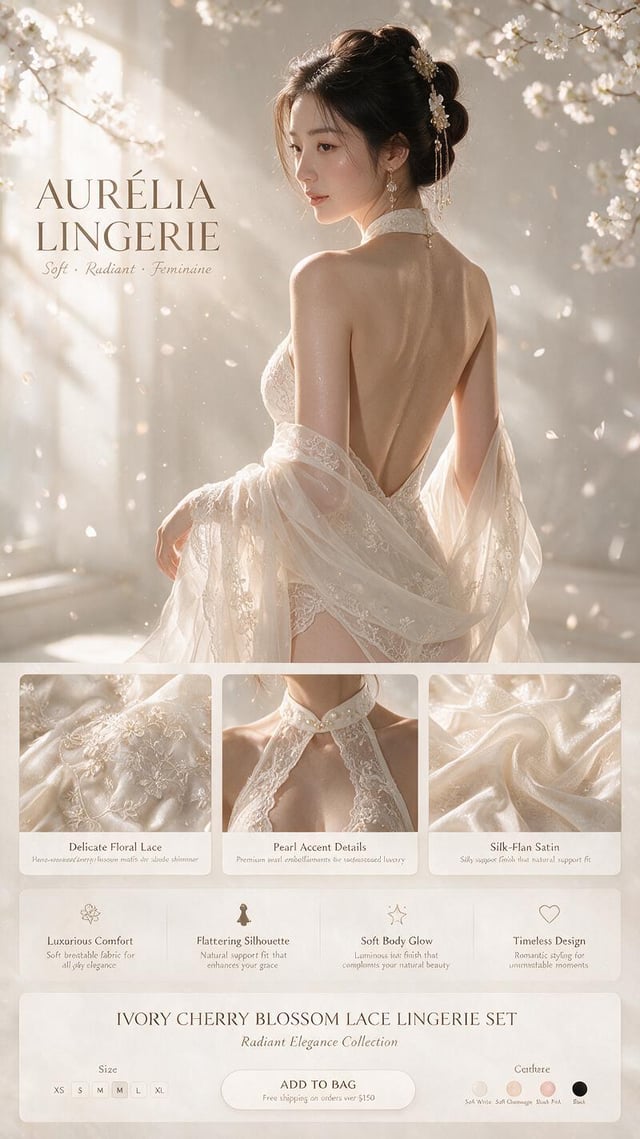 Create a hyper-realistic luxury lingerie e-commerce detail-page visual inspired by premium Japanese 