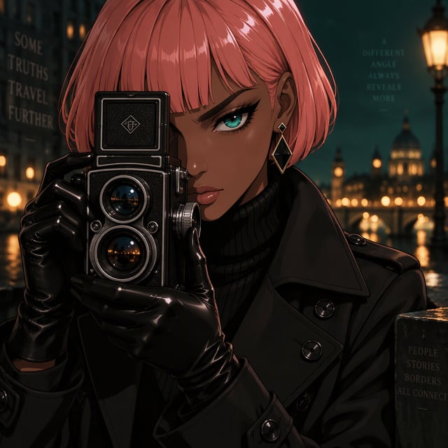 Anime style digital illustration of a stylish woman with dark brown skin and short coral pink bob ha