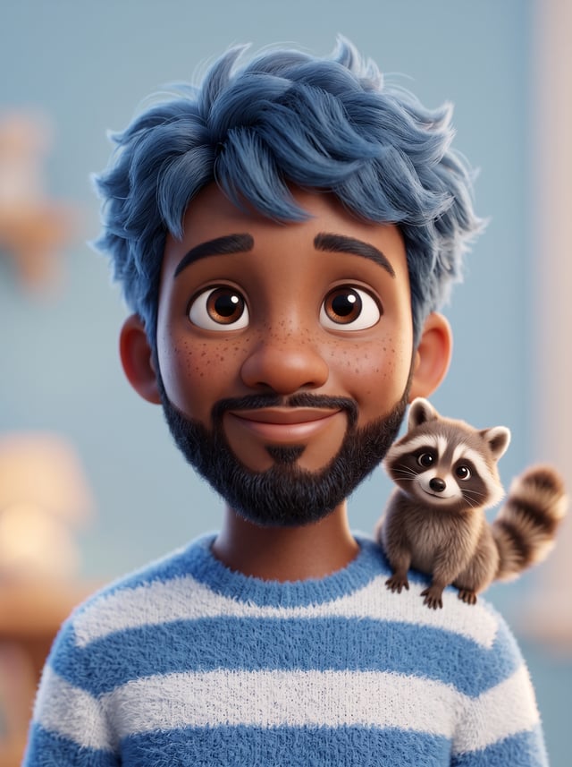 Cute stylized 3D animated boy with messy fluffy blue hair and big expressive eyes, soft freckles on 