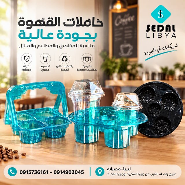 تصميم إعلاني احترافي يركز على حاملات القهوة البلاستيكية لشركة سيدال ليبيا. المشهد يعرض مجموعة متنوعة
