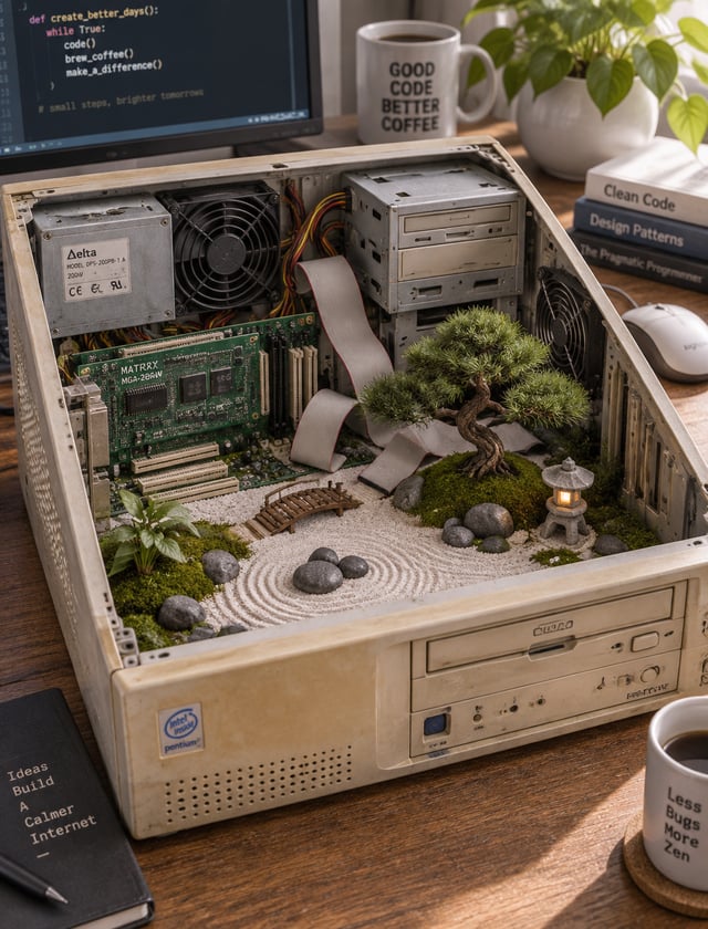 A retro beige desktop computer case sits open on a wooden workstation, its exposed circuitry, coolin