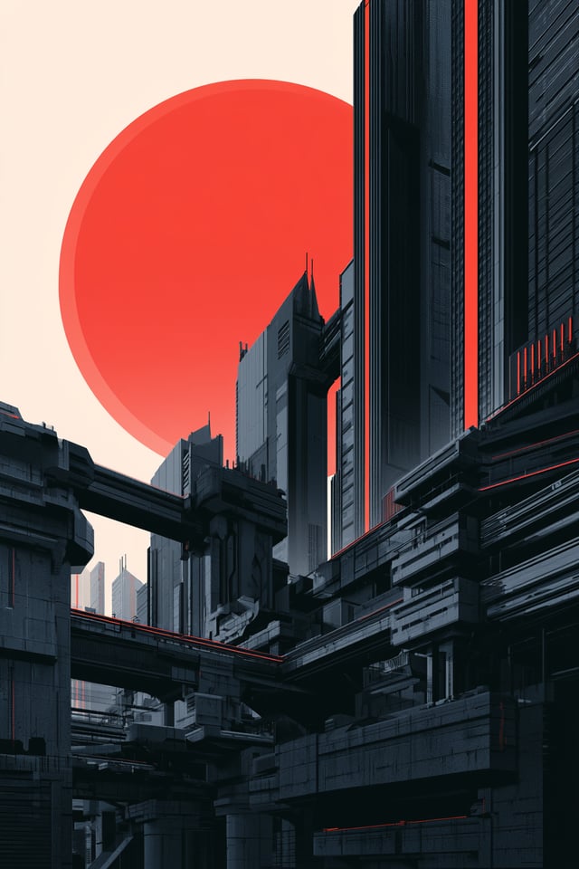 A stark, graphic illustration depicts a futuristic cityscape dominated by a large, solid red circle 