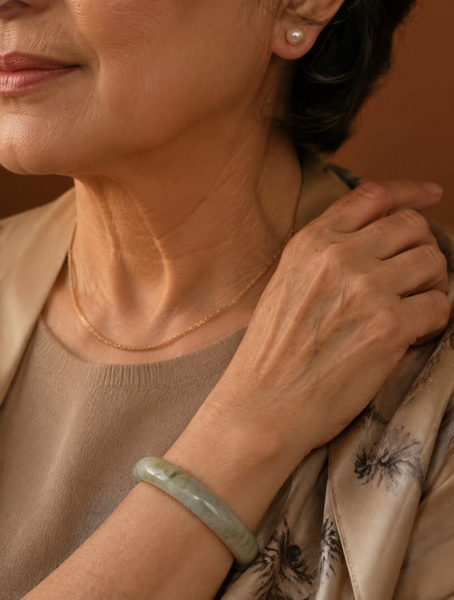 Mature woman 60s, close-up detail shots of refined accessories: pearl stud earrings on neat earlobes