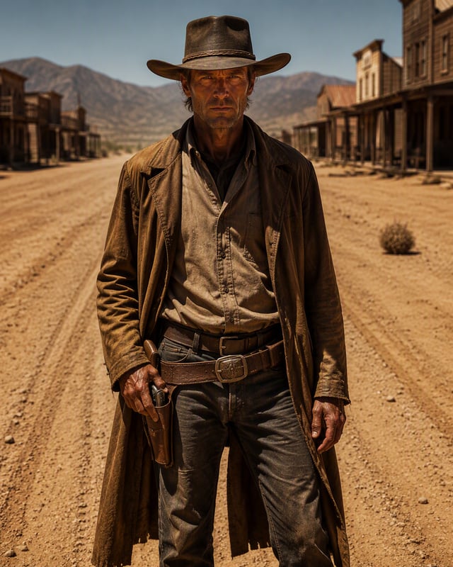 Create a hyper-realistic cinematic scene from a classic western standoff capturing the tension of hi