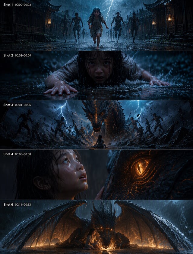 Shot 1 (00:00–00:02) – WS, Rainy Night, Forward Tracking. A narrow, ancient village alley drenched i