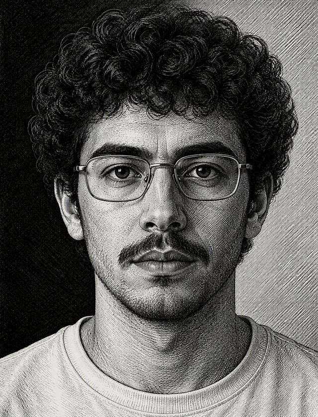 A tightly framed frontal portrait of a young man with dense curly hair, thin metal-rimmed rectangula