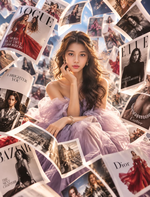 Fashion editorial where hundreds of luxury magazine pages appear frozen mid-air around a Korean fema