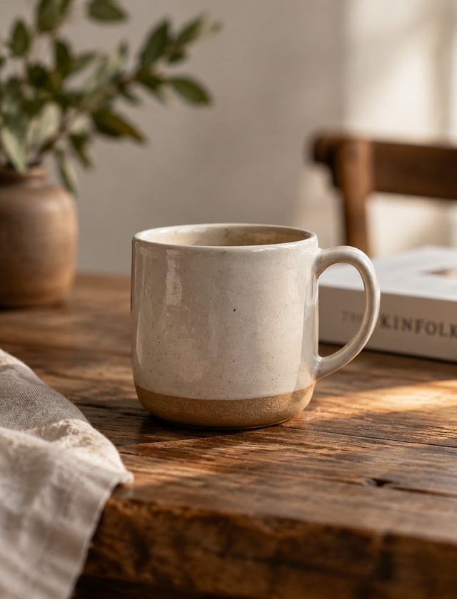 a minimalist ceramic mug in warm natural light on a rustic wooden table, shallow depth of field, pre