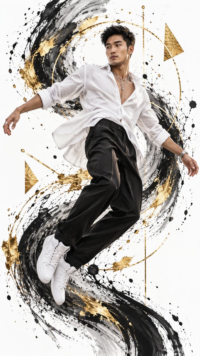 Create a high-fashion editorial fashion poster featuring a young male model (photo attached) capture