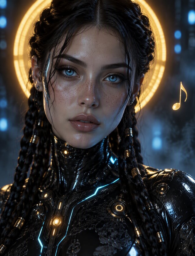 A futuristic cybernetic woman faces the camera in a close portrait, her dark braided hair framing lu