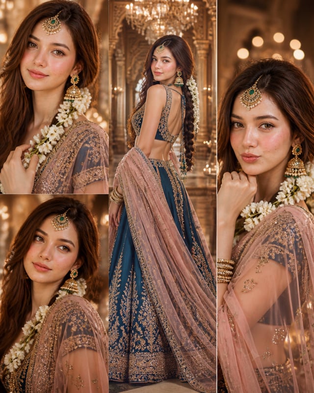 [image1] Ultra-realistic cinematic royal portrait collage featuring the same young South Asian woman