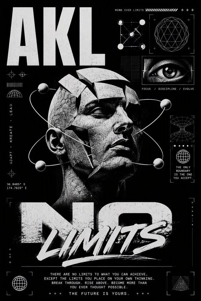 A black and white, high-contrast graphic design features a stylized, fragmented human head as the ce