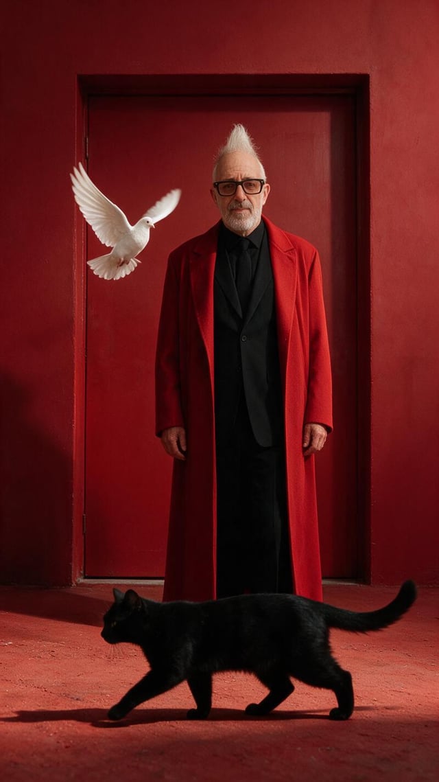 Créer une image ultra réaliste d’une Personne(photo téléchargée)debout devant une grande porte rouge