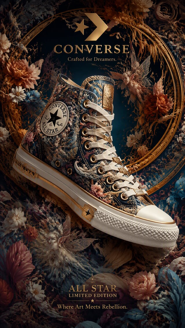 A stunning, highly detailed, and intricate digital illustration of a Converse sneaker, presented as 