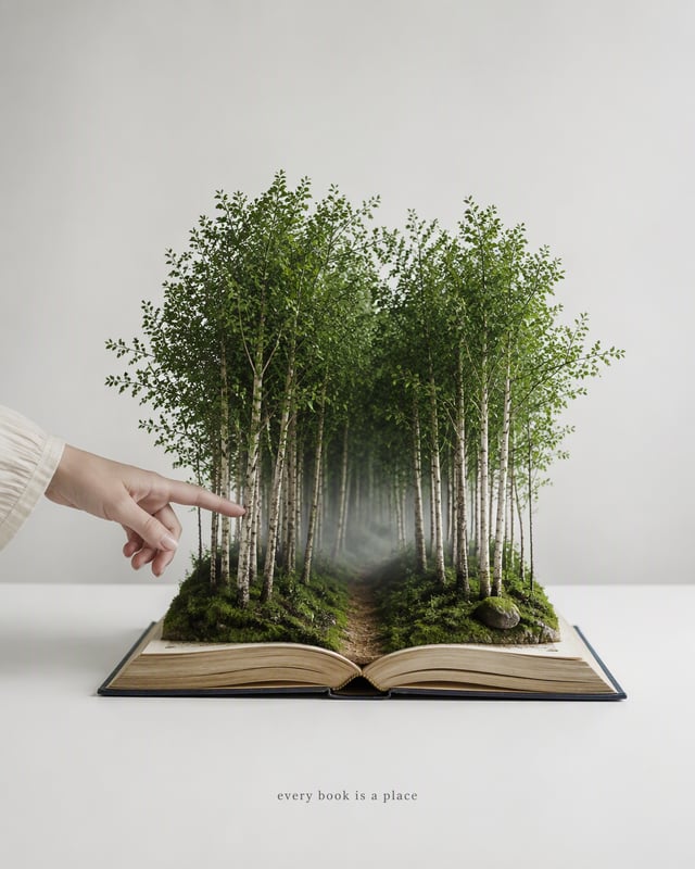 Surreal minimal photograph. A large hardcover book lies open on a plain white table, and from betwee