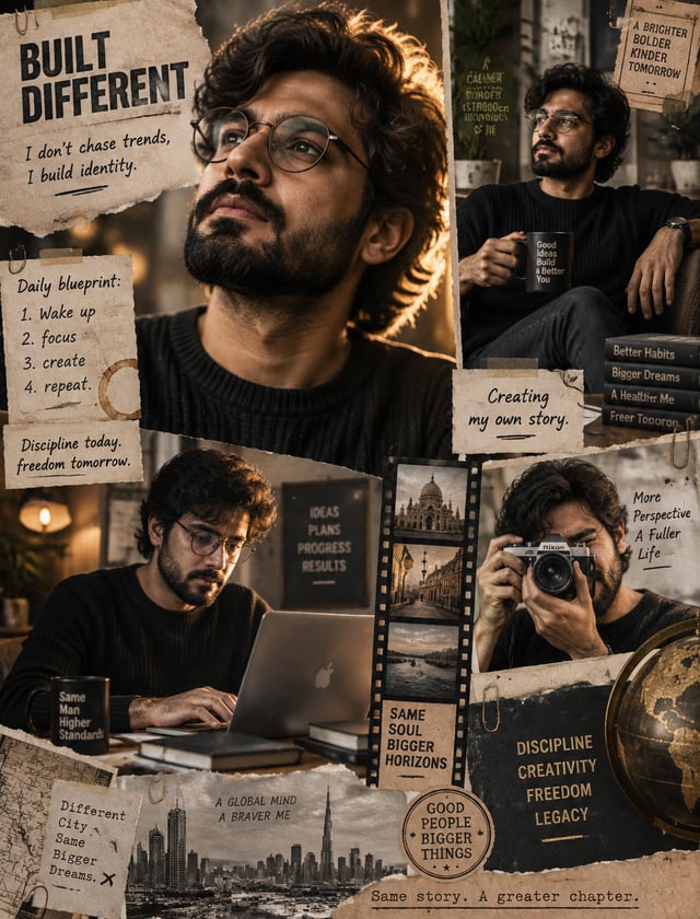 Photorealistic vertical collage poster featuring multiple portraits of a thoughtful bearded man with