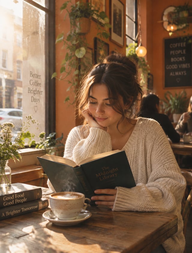 Warm cozy lifestyle photograph of a @ woman with soft natural makeup reading a hardcover book in a s