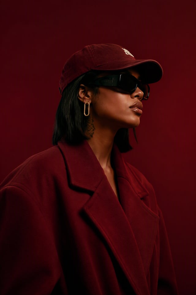 [A striking vertical cinematic fashion portrait of a stylish young adult woman posed in a sophistica