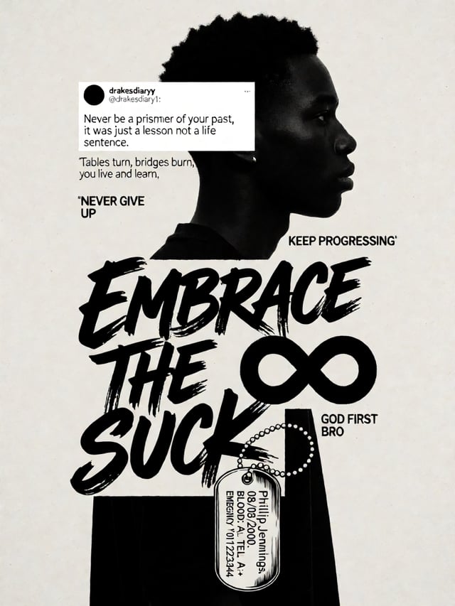 High-contrast black and white typographic portrait poster of a young Black man in side profile, cons