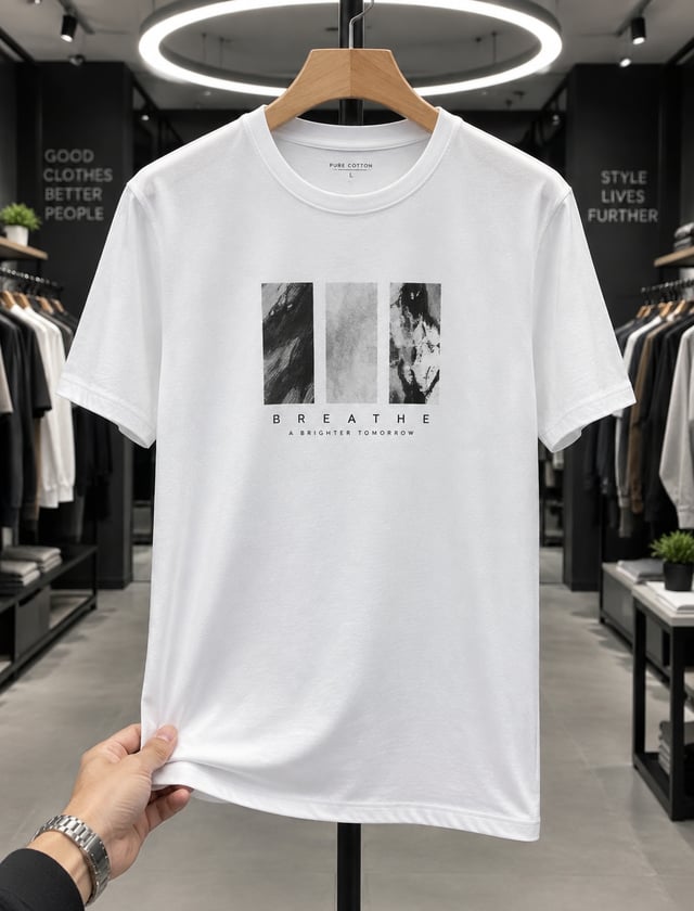 A plain white men’s crew-neck T-shirt hangs from a wooden hanger in the center of a modern clothing 