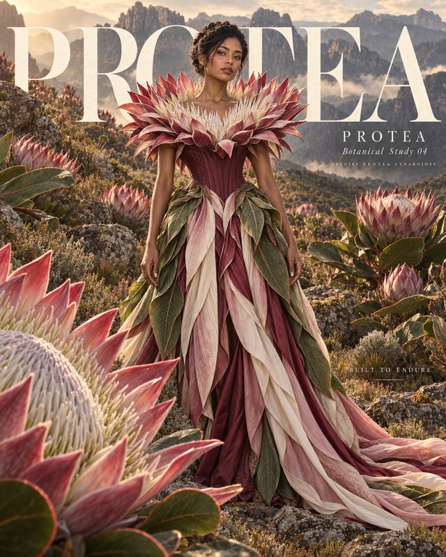 Create a hyper-realistic cinematic botanical haute couture fashion editorial poster, vertical 4:5 co
