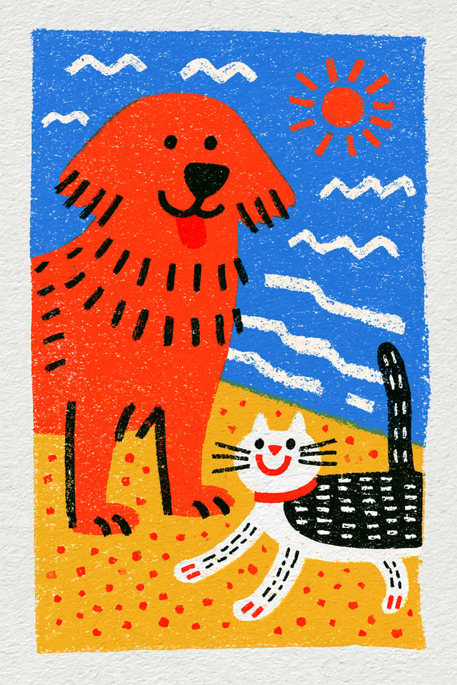 a golden retriever and a cat happy and playing together on a beach in Goa. distinctive hand-drawn, h